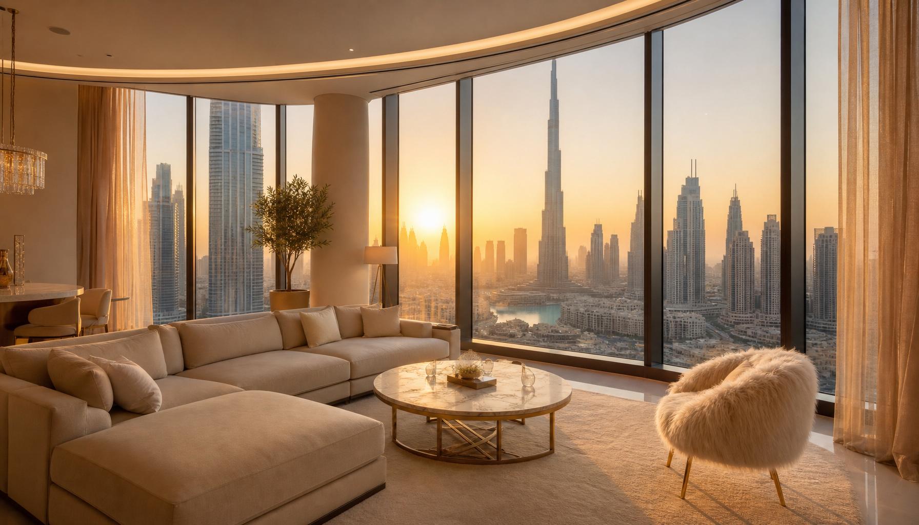 Luxury short-let apartment interior at golden hour